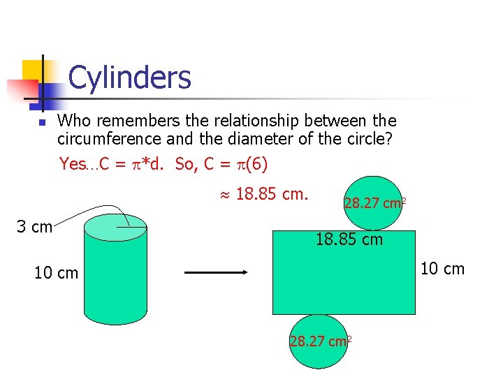Cylinders n Who remembers the relationship between the circumference and the diameter of the