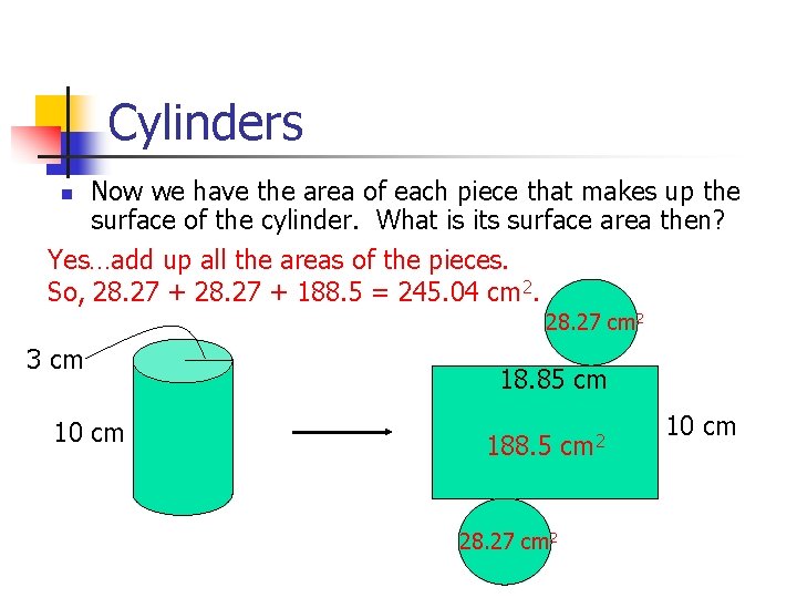 Cylinders n Now we have the area of each piece that makes up the
