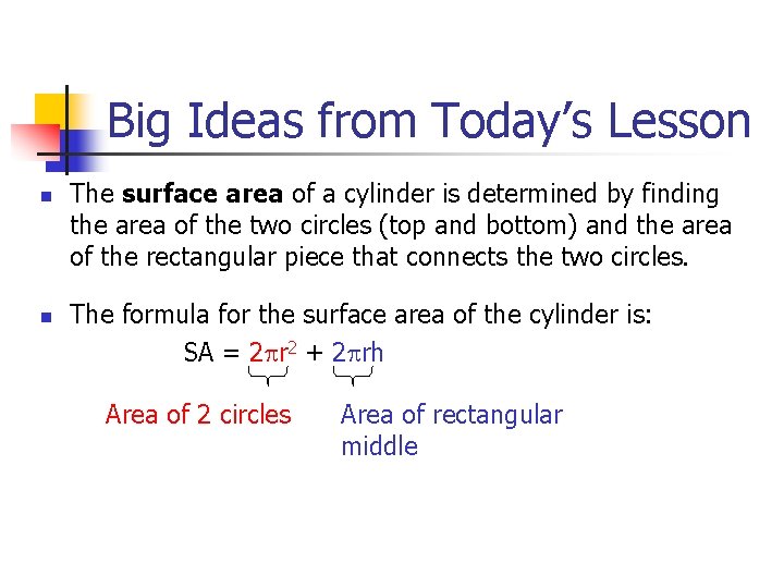 Big Ideas from Today’s Lesson n n The surface area of a cylinder is