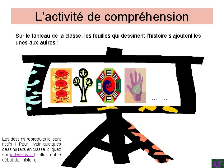 L’activité de compréhension Sur le tableau de la classe, les feuilles qui dessinent l’histoire L’activité de compréhension Sur le tableau de la classe, les feuilles qui dessinent l’histoire