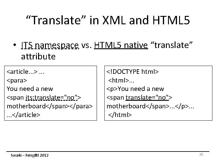 “Translate” in XML and HTML 5 • ITS namespace vs. HTML 5 native “translate” “Translate” in XML and HTML 5 • ITS namespace vs. HTML 5 native “translate”