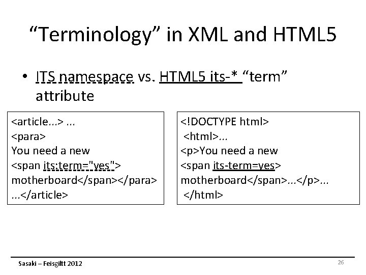 “Terminology” in XML and HTML 5 • ITS namespace vs. HTML 5 its-* “term” “Terminology” in XML and HTML 5 • ITS namespace vs. HTML 5 its-* “term”