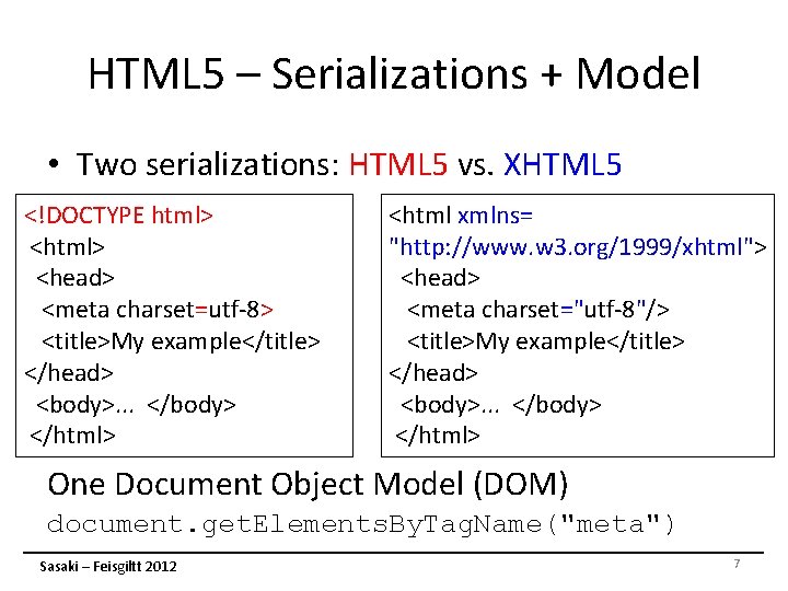 HTML 5 – Serializations + Model • Two serializations: HTML 5 vs. XHTML 5 HTML 5 – Serializations + Model • Two serializations: HTML 5 vs. XHTML 5