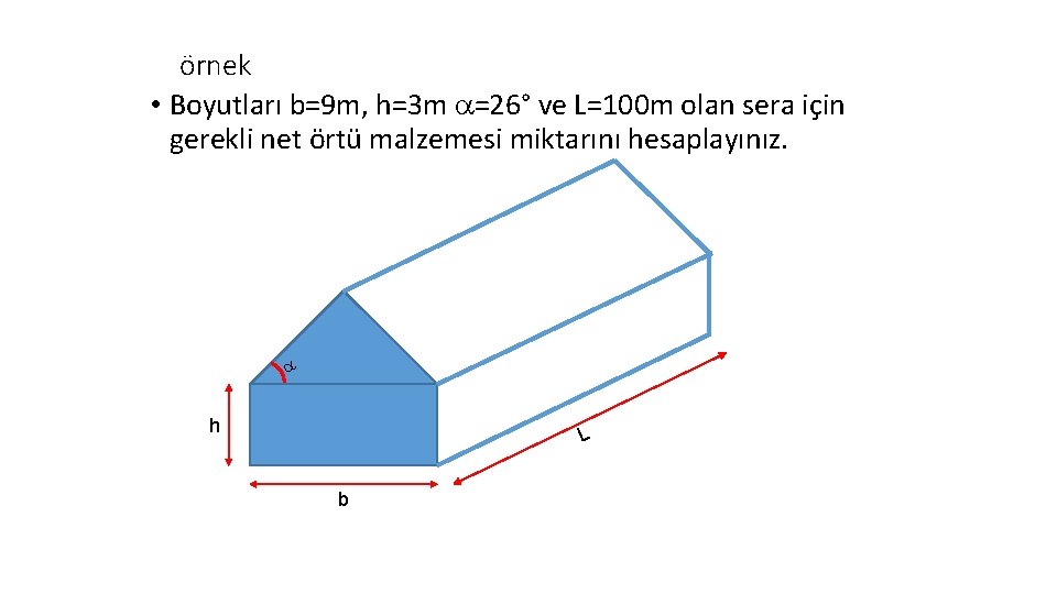 örnek • Boyutları b=9 m, h=3 m =26° ve L=100 m olan sera için