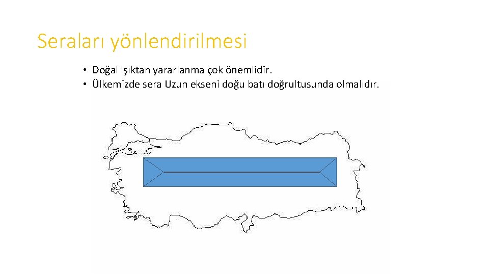 Seraları yönlendirilmesi • Doğal ışıktan yararlanma çok önemlidir. • Ülkemizde sera Uzun ekseni doğu