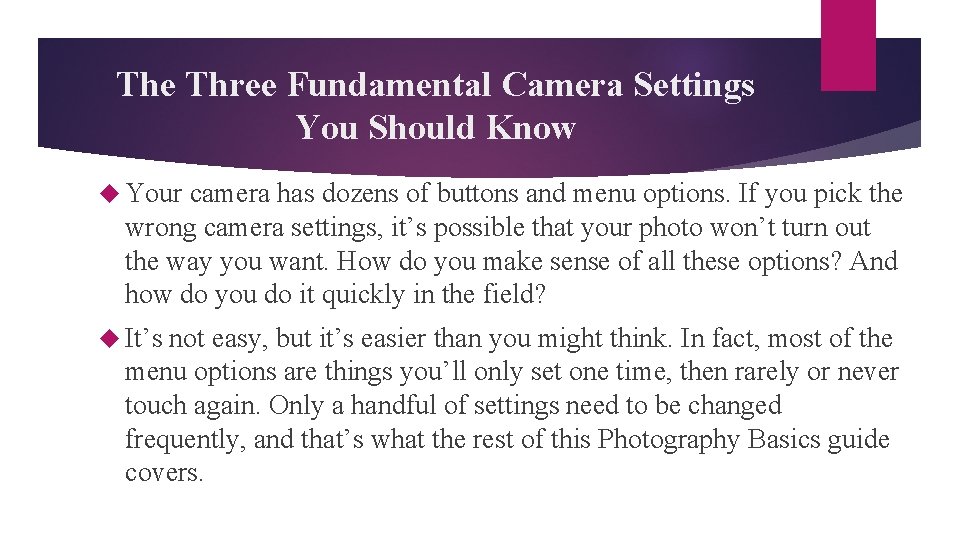 The Three Fundamental Camera Settings You Should Know Your camera has dozens of buttons