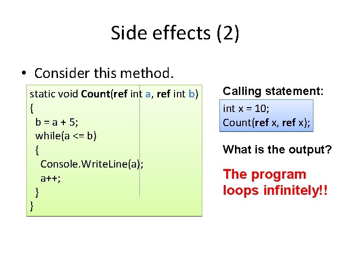 Side effects (2) • Consider this method. static void Count(ref int a, ref int