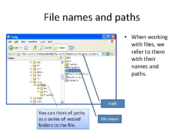 File names and paths • When working with files, we refer to them with