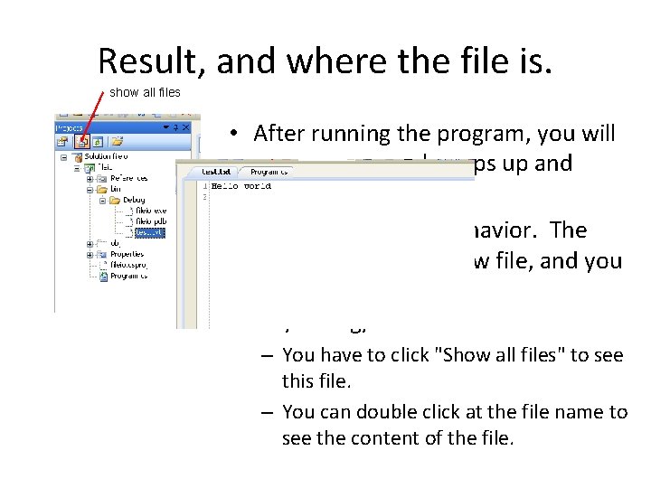 Result, and where the file is. show all files • After running the program,