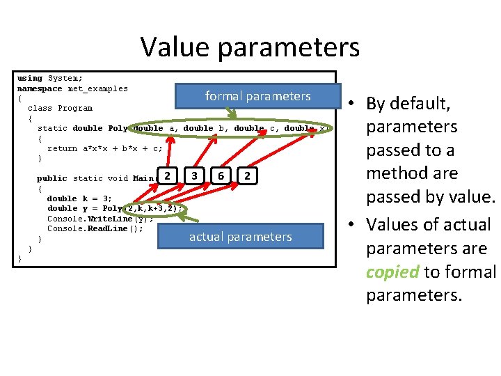 Value parameters using System; namespace met_examples { class Program { static double Poly(double a,