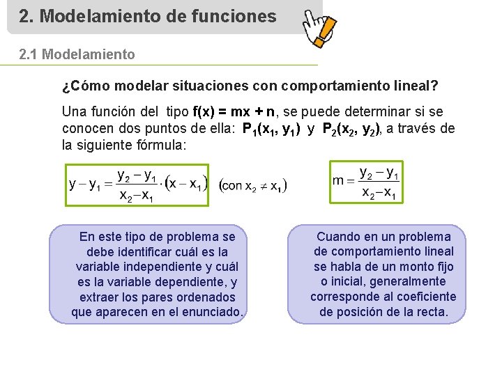 2. Modelamiento de funciones 2. 1 Modelamiento ¿Cómo modelar situaciones con comportamiento lineal? Una