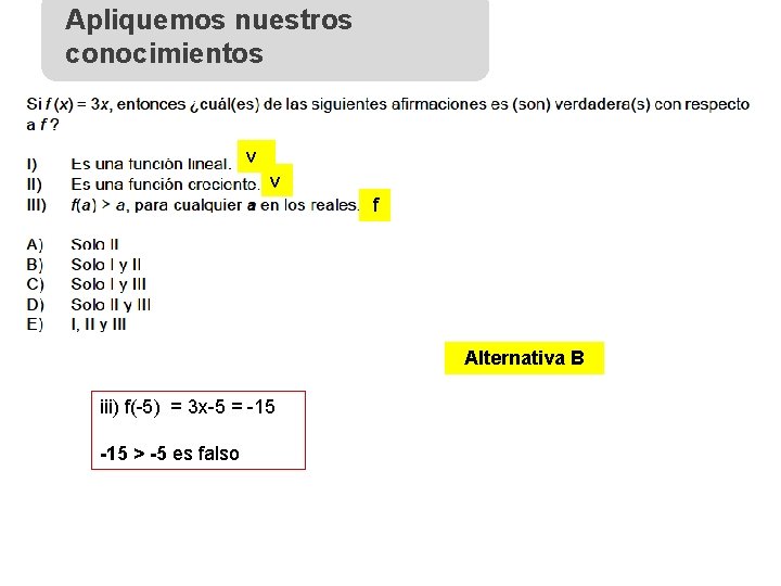 Apliquemos nuestros conocimientos v v f Alternativa B iii) f(-5) = 3 x-5 =