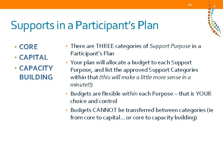 20 Supports in a Participant’s Plan • CORE • CAPITAL • CAPACITY BUILDING •