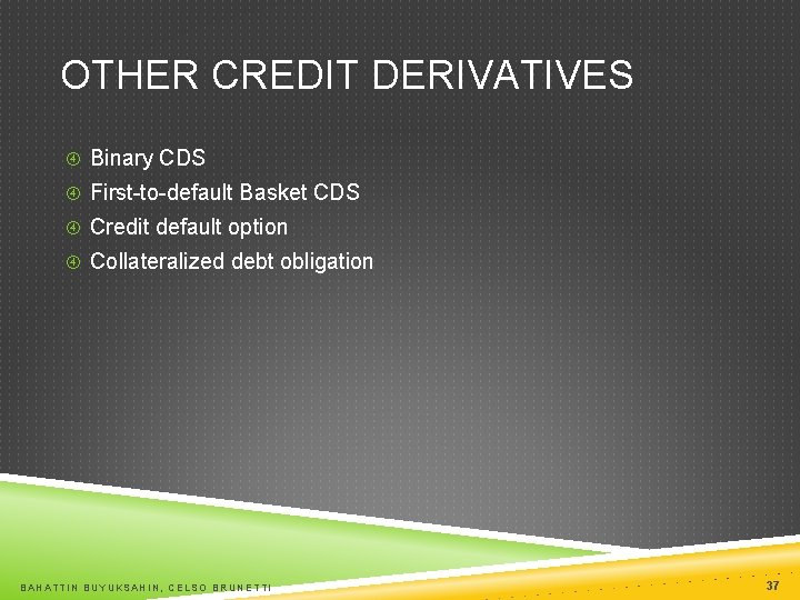 OTHER CREDIT DERIVATIVES Binary CDS First-to-default Basket CDS Credit default option Collateralized debt obligation