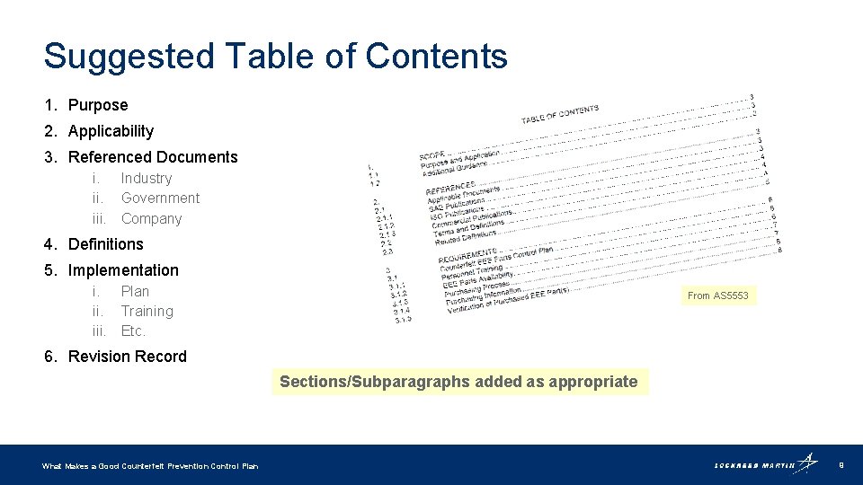 Suggested Table of Contents 1. Purpose 2. Applicability 3. Referenced Documents i. Industry ii.