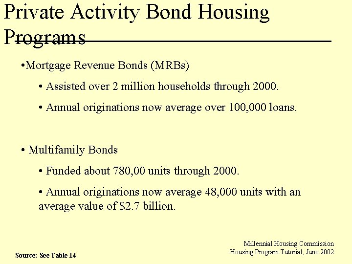 Private Activity Bond Housing Programs • Mortgage Revenue Bonds (MRBs) • Assisted over 2
