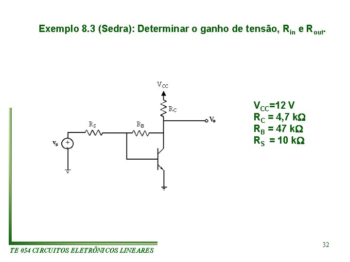 Exemplo 8. 3 (Sedra): Determinar o ganho de tensão, Rin e Rout. VCC=12 V