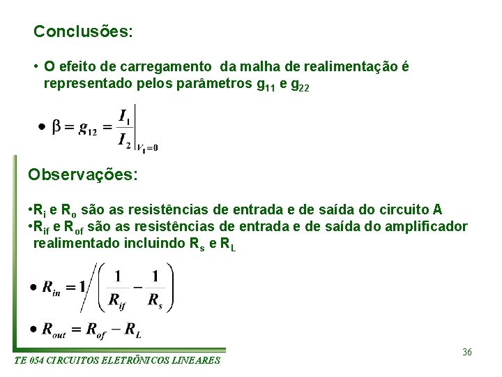 Conclusões: • O efeito de carregamento da malha de realimentação é representado pelos parâmetros