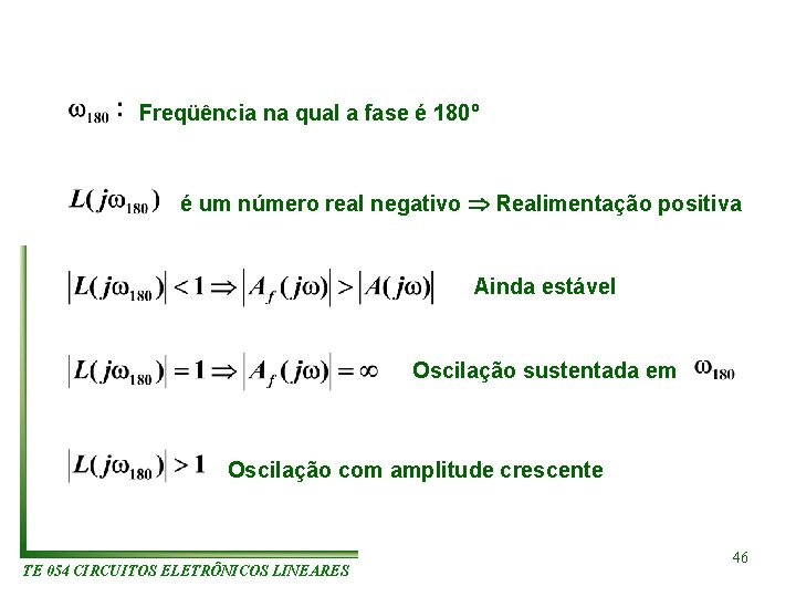 Freqüência na qual a fase é 180º é um número real negativo Realimentação positiva