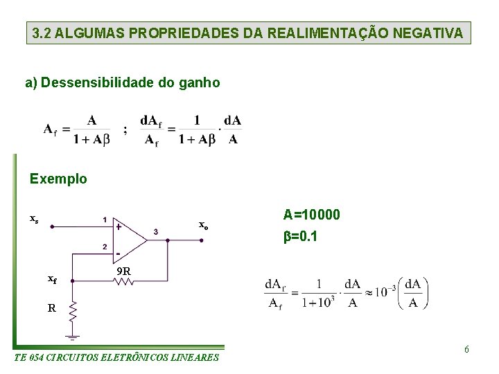 3. 2 ALGUMAS PROPRIEDADES DA REALIMENTAÇÃO NEGATIVA a) Dessensibilidade do ganho Exemplo xs xo