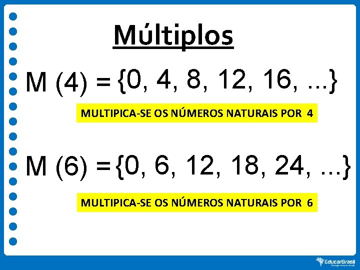 Múltiplos M (4) = {0, 4, 8, 12, 16, . . . } MULTIPICA-SE