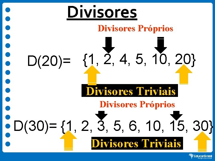 Divisores Próprios D(20)= {1, 2, 4, 5, 10, 20} Divisores Triviais Divisores Próprios D(30)=