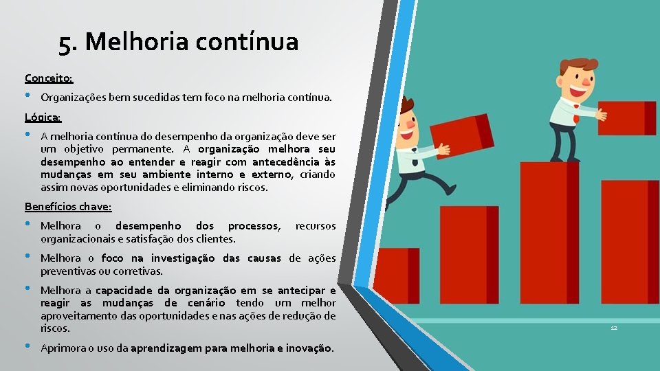 5. Melhoria contínua Conceito: • Organizações bem sucedidas tem foco na melhoria contínua. Lógica: