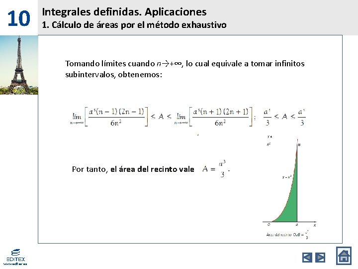 10 Integrales definidas. Aplicaciones 1. Cálculo de áreas por el método exhaustivo Tomando límites