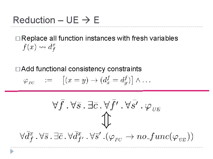 Reduction – UE E � Replace � Add all function instances with fresh variables