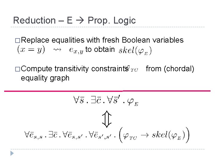 Reduction – E Prop. Logic � Replace equalities with fresh Boolean variables to obtain