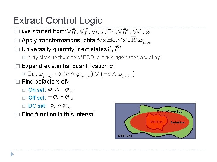 Extract Control Logic We started from: � Apply transformations, obtain � � Universally quantify