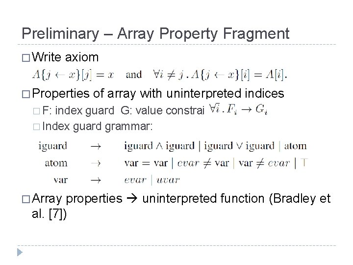 Preliminary – Array Property Fragment � Write axiom � Properties of array with uninterpreted