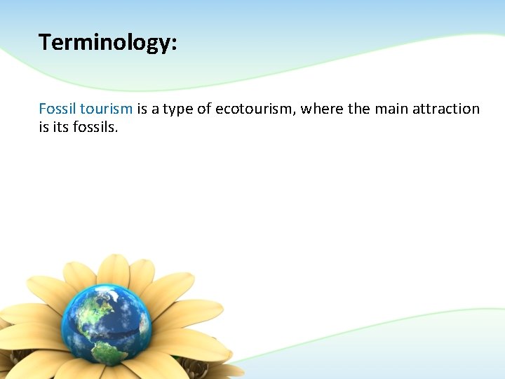 Terminology: Fossil tourism is a type of ecotourism, where the main attraction is its