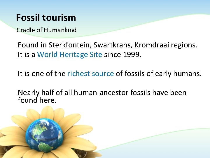 Fossil tourism Cradle of Humankind Found in Sterkfontein, Swartkrans, Kromdraai regions. It is a