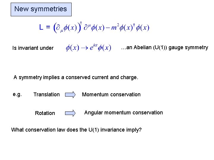 New symmetries Is invariant under …an Abelian (U(1)) gauge symmetry A symmetry implies a