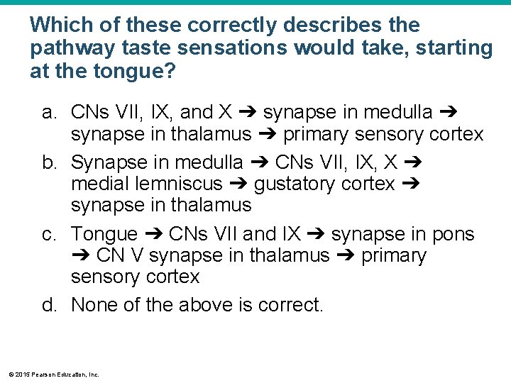 Which of these correctly describes the pathway taste sensations would take, starting at the Which of these correctly describes the pathway taste sensations would take, starting at the