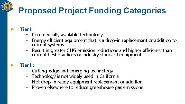 Proposed Project Funding Categories Tier I: • Commercially available technology • Energy efficient equipment