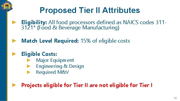 Proposed Tier II Attributes Eligibility: All food processors defined as NAICS codes 3113121* (Food