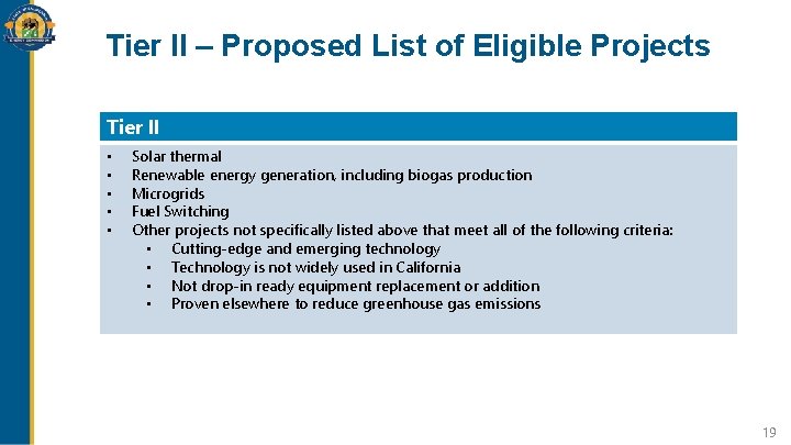 Tier II – Proposed List of Eligible Projects Tier II • • • Solar