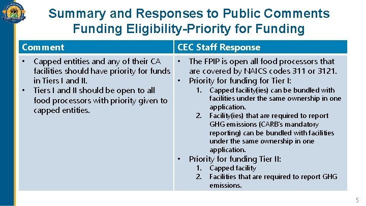 Summary and Responses to Public Comments Funding Eligibility-Priority for Funding Comment • • CEC