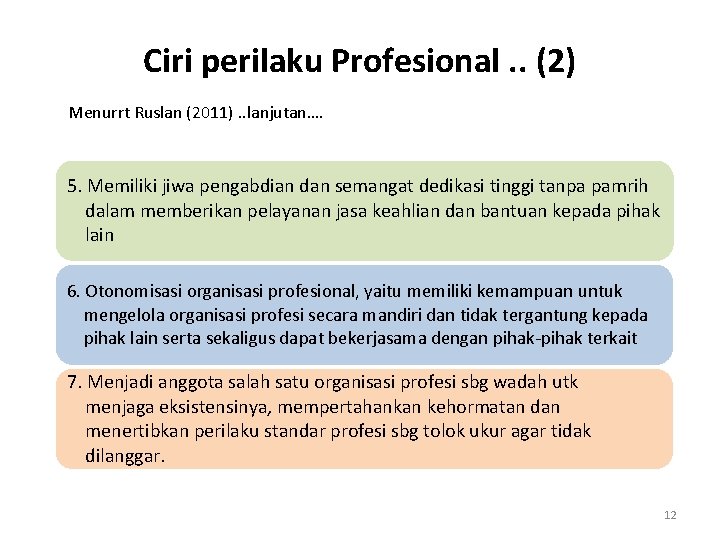 Ciri perilaku Profesional. . (2) Menurrt Ruslan (2011). . lanjutan…. 5. Memiliki jiwa pengabdian