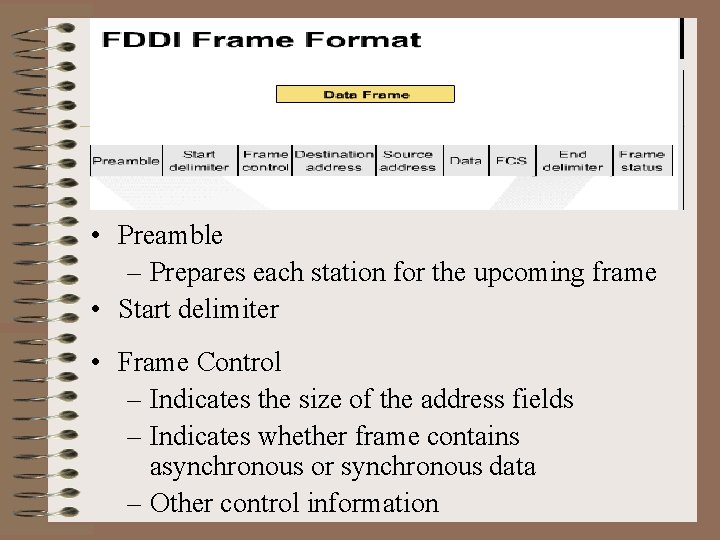  • Preamble – Prepares each station for the upcoming frame • Start delimiter