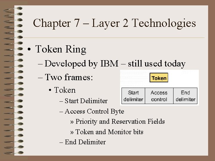 Chapter 7 – Layer 2 Technologies • Token Ring – Developed by IBM –