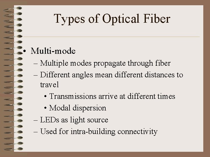 Types of Optical Fiber • Multi-mode – Multiple modes propagate through fiber – Different