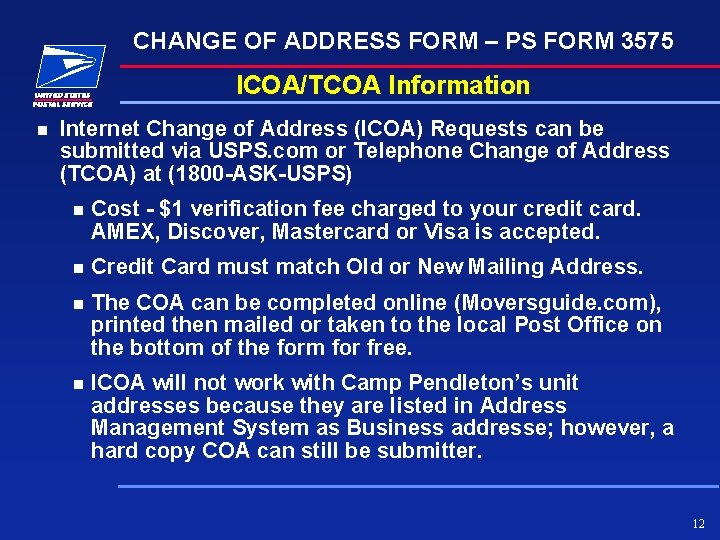 CHANGE OF ADDRESS FORM – PS FORM 3575 ICOA/TCOA Information n Internet Change of