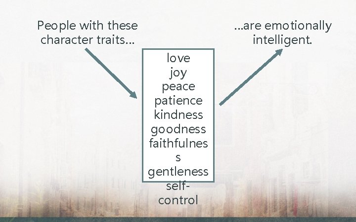 …are emotionally intelligent. People with these character traits… love joy peace patience kindness goodness