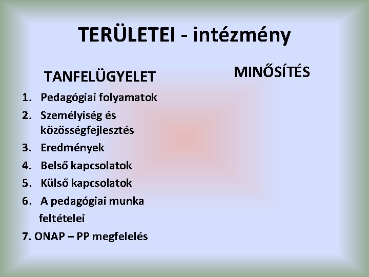 TERÜLETEI - intézmény TANFELÜGYELET 1. Pedagógiai folyamatok 2. Személyiség és közösségfejlesztés 3. Eredmények 4.