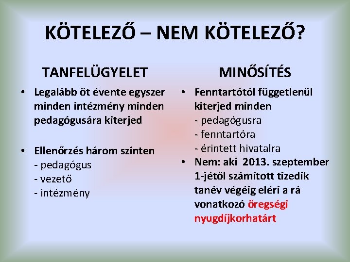 KÖTELEZŐ – NEM KÖTELEZŐ? TANFELÜGYELET MINŐSÍTÉS • Legalább öt évente egyszer minden intézmény minden