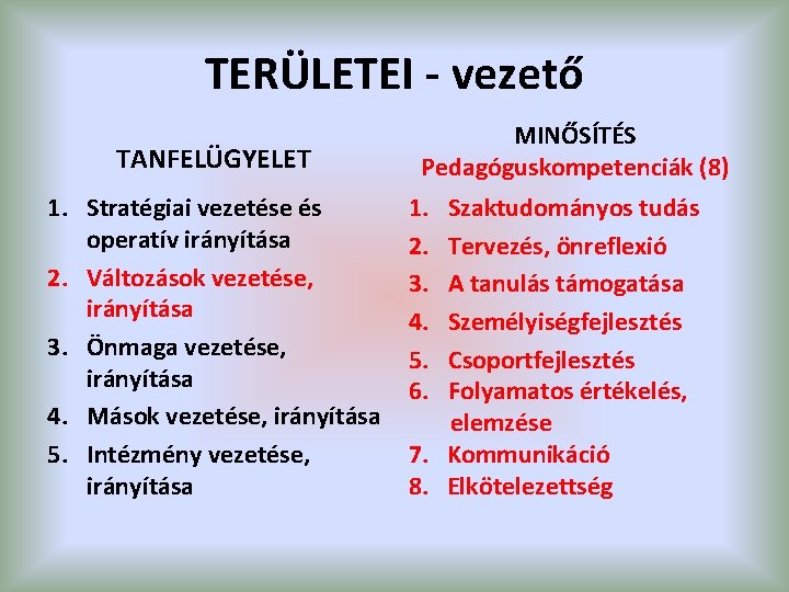 TERÜLETEI - vezető TANFELÜGYELET 1. Stratégiai vezetése és operatív irányítása 2. Változások vezetése, irányítása