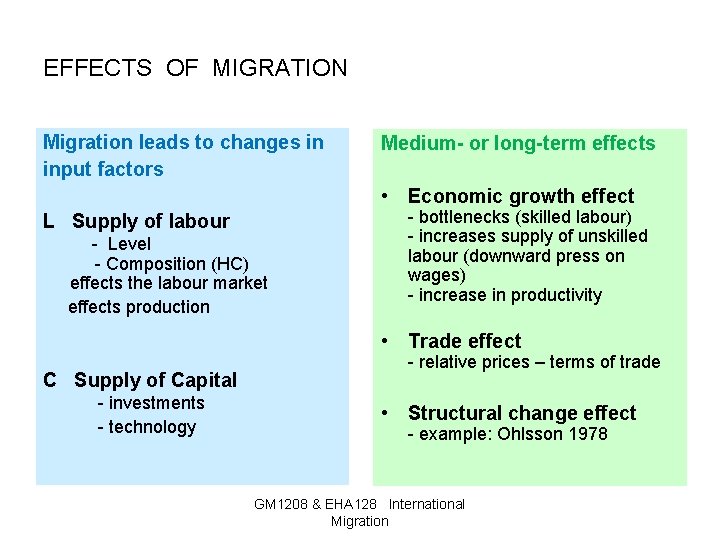 EFFECTS OF MIGRATION Migration leads to changes in input factors Medium- or long-term effects
